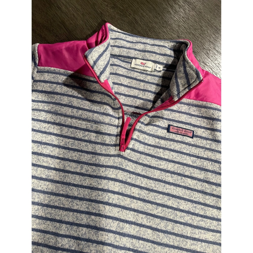 Vineyard Vines Womens M Blue Striped Quarter Zip Pullover Pink Trim Sweater